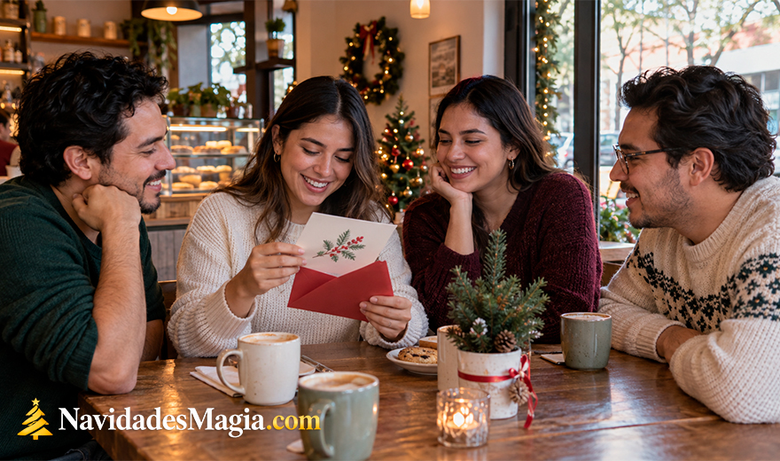 Amigos compartiendo una tarjeta navideña en una cafetería