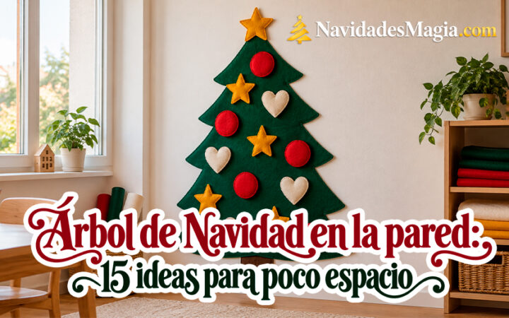 Árbol de Navidad en la pared con guirnalda verde, luces y esferas en una sala pequeña 2