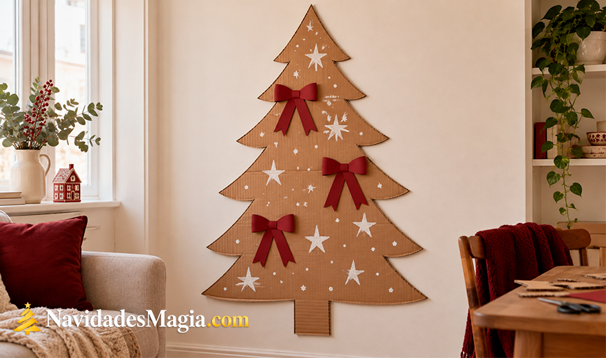 Árbol de cartón reutilizado decorado con estrellas blancas y moños rojos en la pared