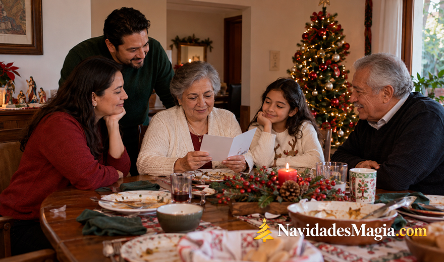 Familia reunida mientras la abuela lee una tarjeta de Navidad