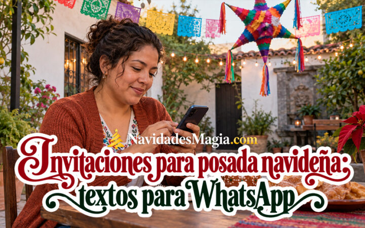 Mujer preparando una invitación en su teléfono en un patio decorado para una posada navideña