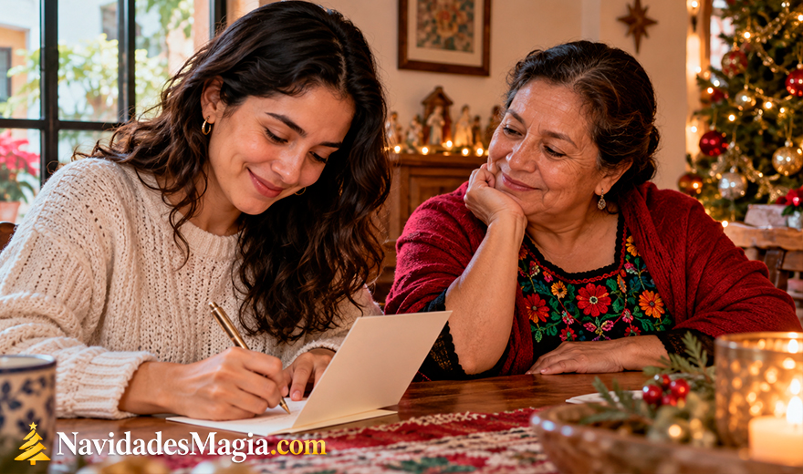Hija escribe una tarjeta navideña junto a su madre