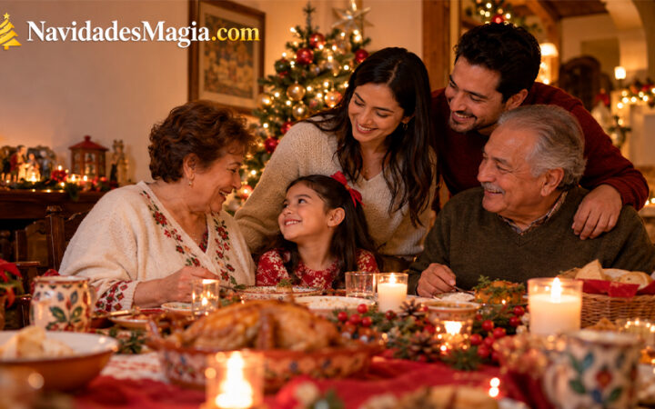 Familia de varias generaciones reunida alrededor de la mesa en Navidad