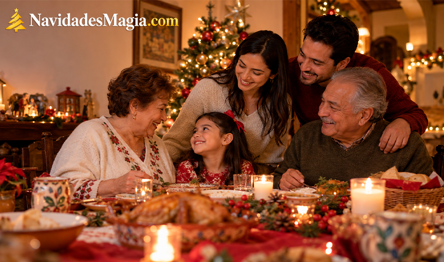 Familia de varias generaciones reunida alrededor de la mesa en Navidad