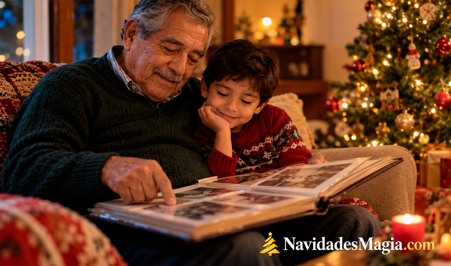 Abuelo y nieto miran un álbum familiar junto al árbol de Navidad