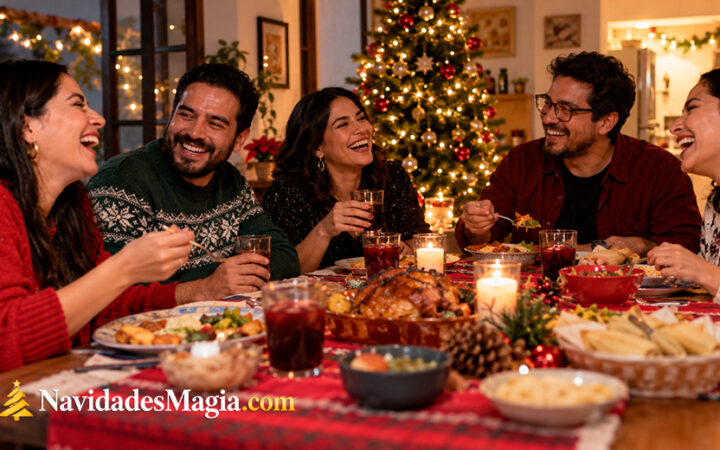 Tres amigos intercambian un regalo durante una cena de Navidad