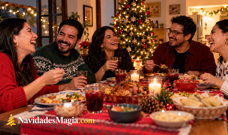 Tres amigos intercambian un regalo durante una cena de Navidad