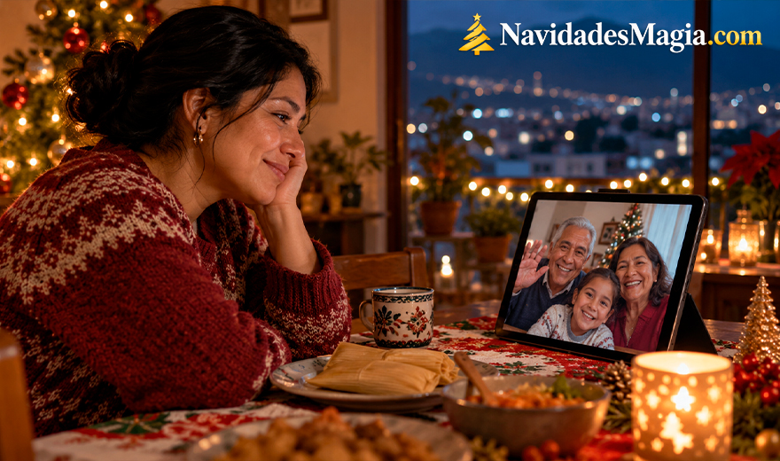 Mujer saluda por videollamada a sus familiares durante la Navidad