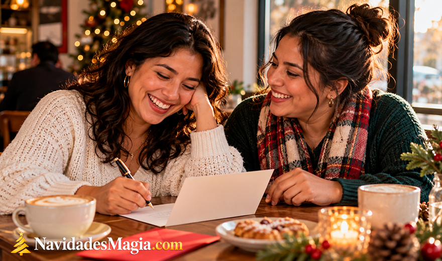 Dos amigas escriben juntas una tarjeta de Navidad en una cafetería