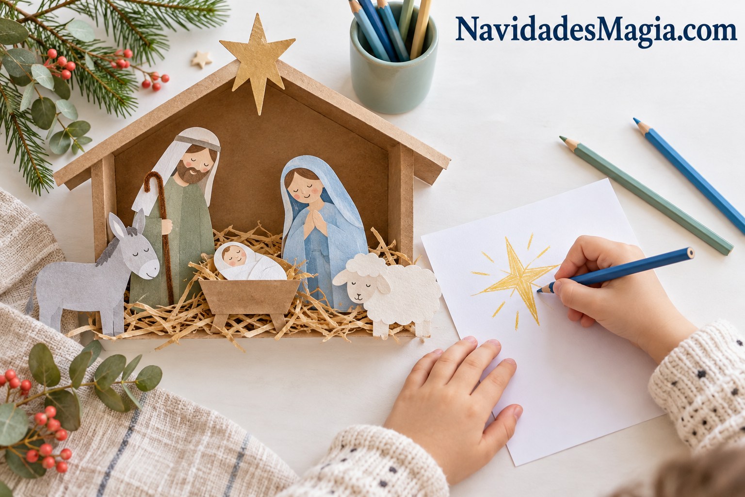 Un niño dibuja una estrella junto a un nacimiento artesanal de papel sobre una mesa luminosa