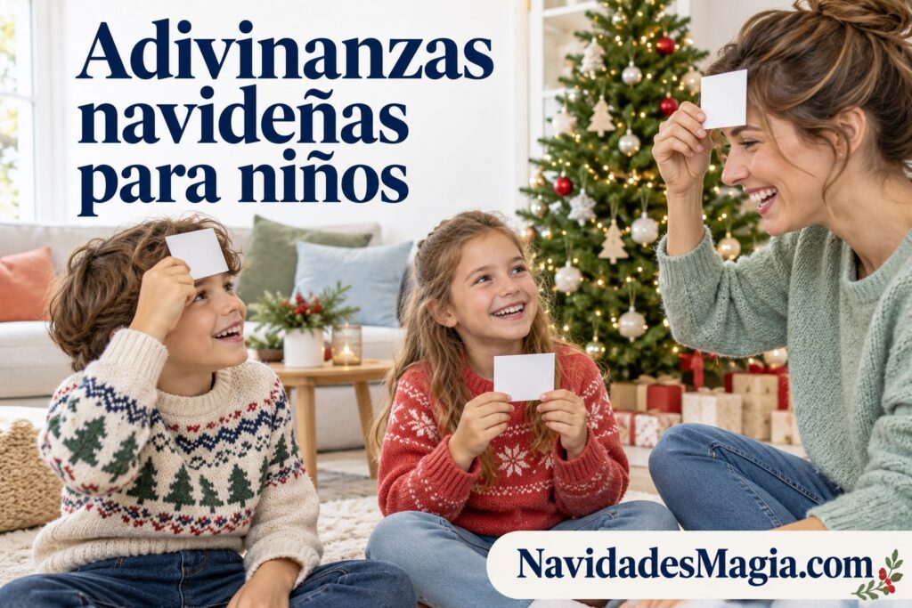 Portada: Una familia juega a las adivinanzas navideñas con tarjetas en un salón luminoso