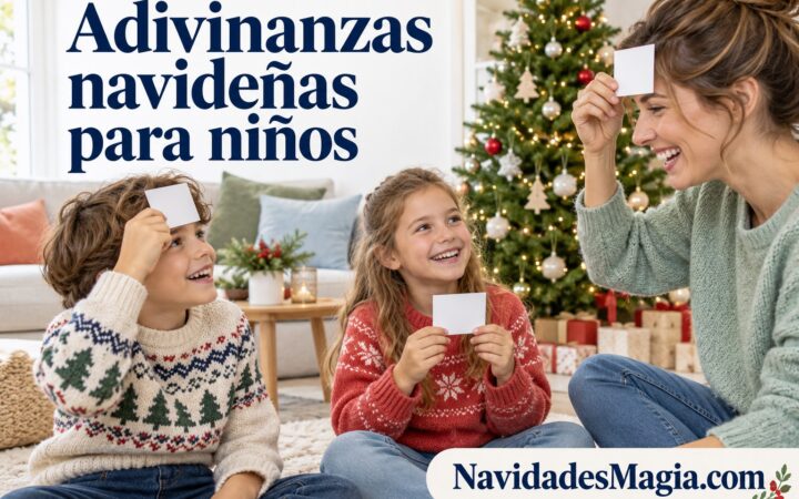 Portada: Una familia juega a las adivinanzas navideñas con tarjetas en un salón luminoso