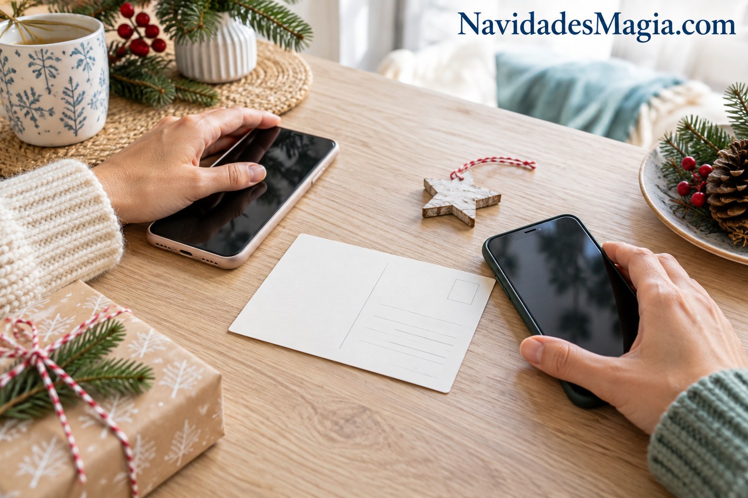 Dos teléfonos y una tarjeta sobre una mesa clara sugieren una amistad que se mantiene a distancia