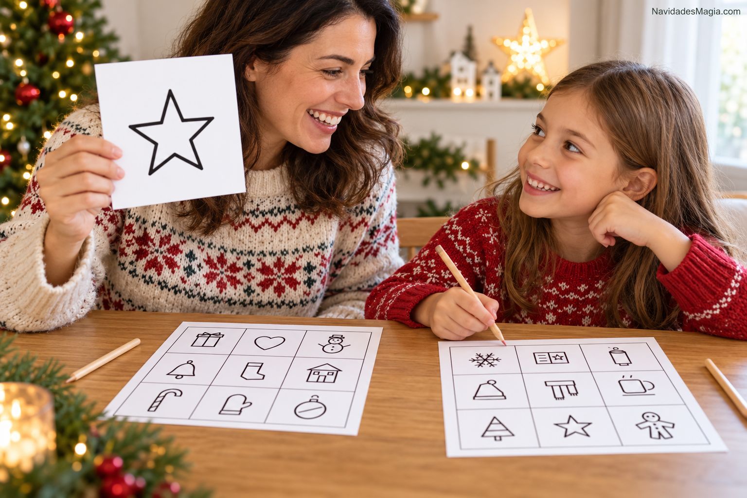 Una adulta mostrando una tarjeta de estrella mientras una niña marca su bingo navideño