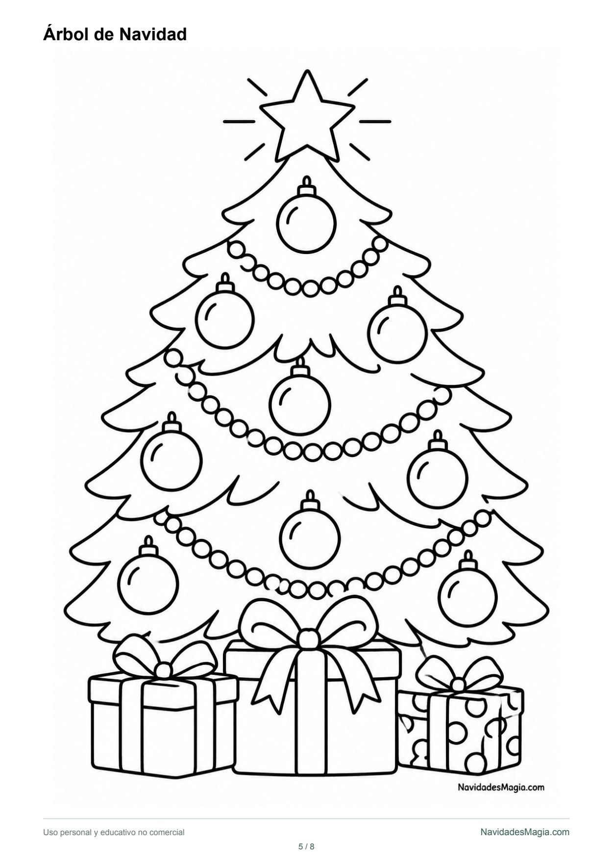Un árbol de Navidad reúne adornos, una estrella y regalos. Vista real de la lámina para imprimir.