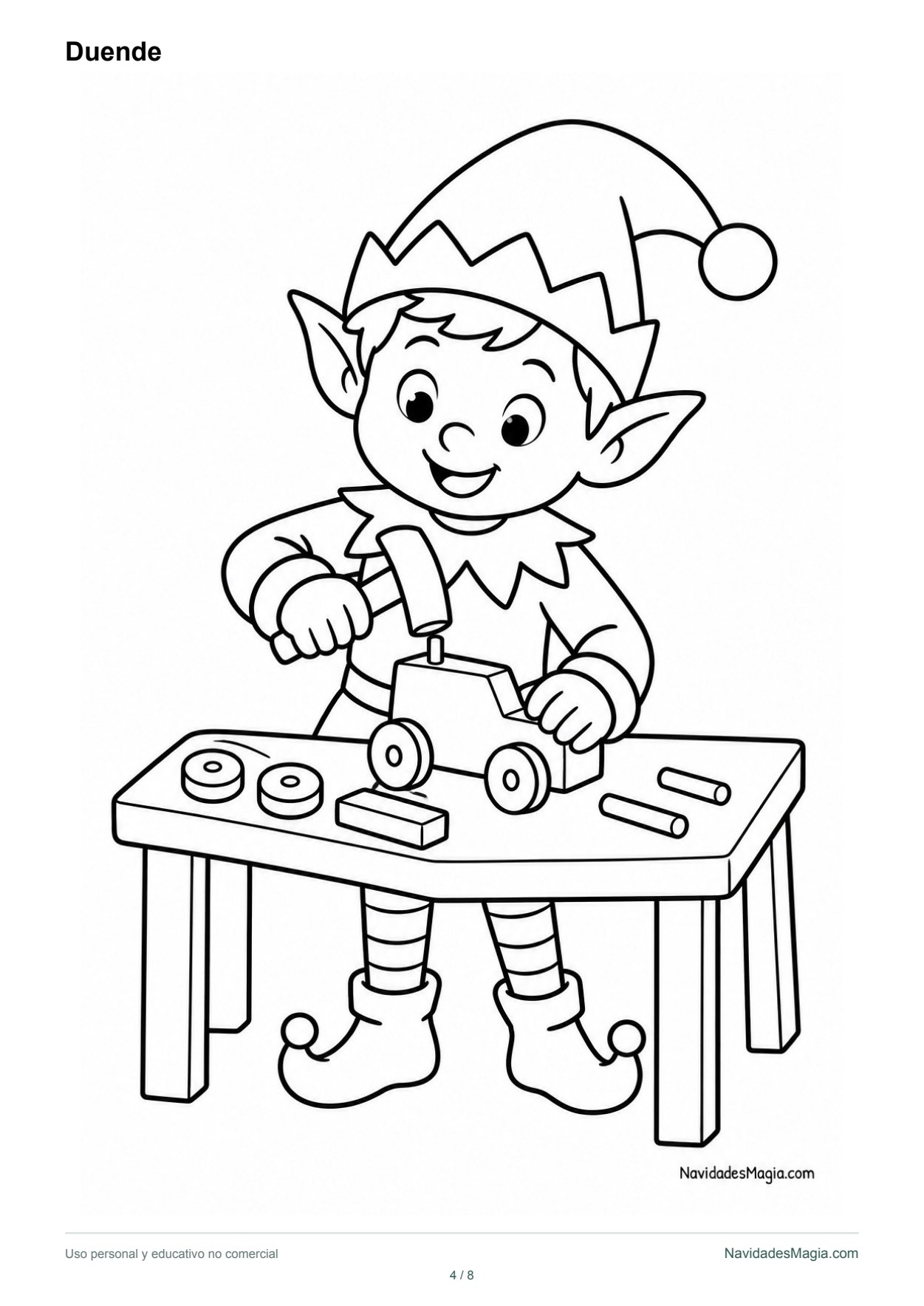 Un duende prepara juguetes junto a su mesa de trabajo. Vista real de la lámina para imprimir.