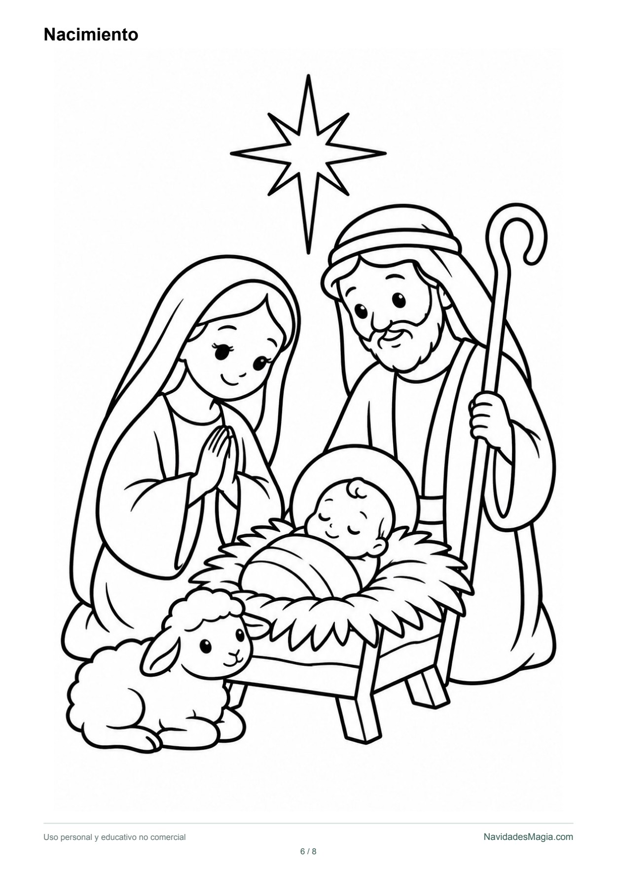 María, José y el niño Jesús aparecen en una escena del nacimiento con una oveja. Vista real de la lámina para imprimir.