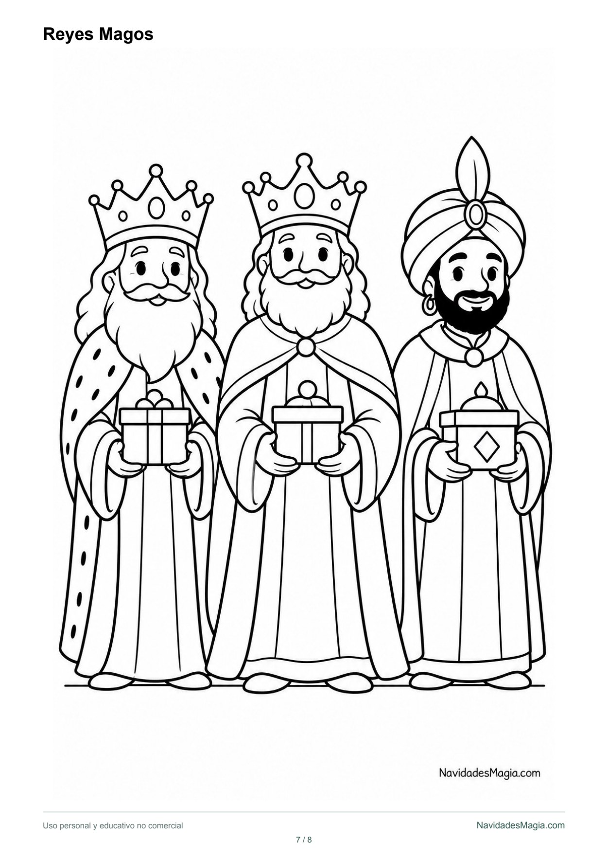 Los tres Reyes Magos llevan sus regalos en una composición para colorear. Vista real de la lámina para imprimir.