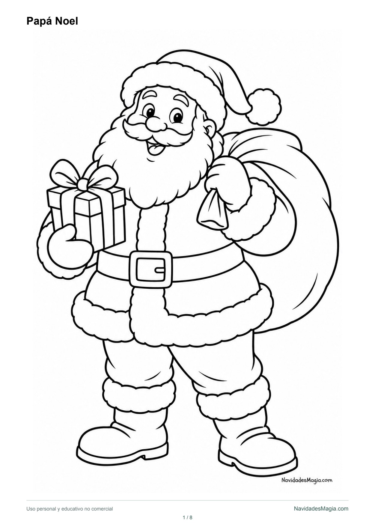 Papá Noel saluda con su traje y un saco de regalos. Vista real de la lámina para imprimir.