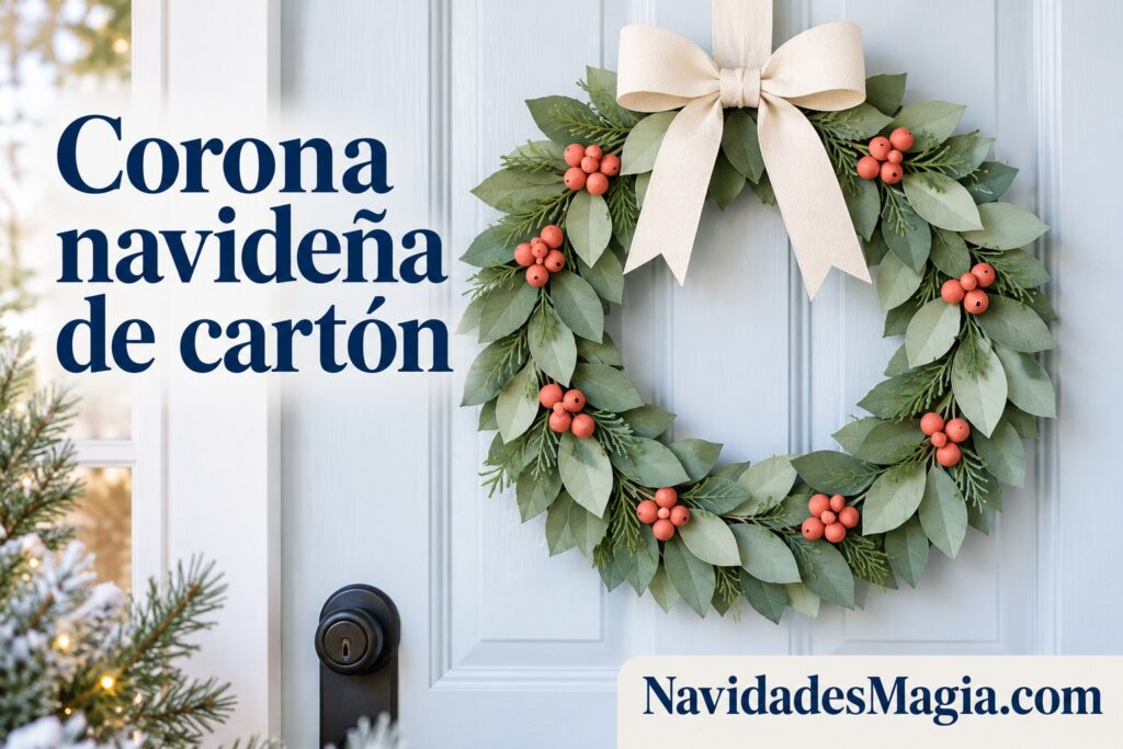 Portada: Corona de cartón cubierta con hojas de papel verde suave y detalles coral