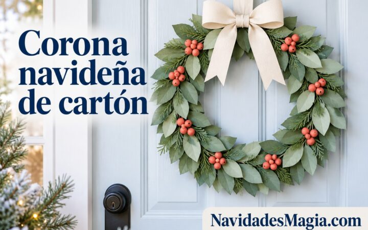 Portada: Corona de cartón cubierta con hojas de papel verde suave y detalles coral