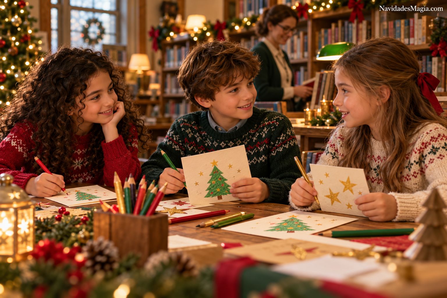 Vera, Bruno y Julia compartiendo lápices y tarjetas navideñas en la biblioteca