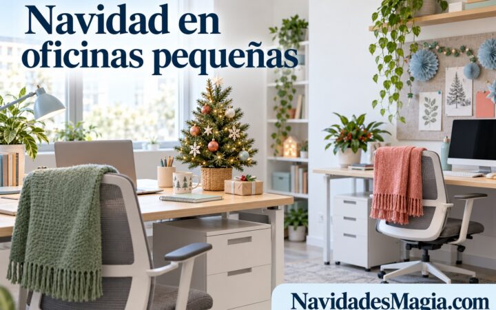 Portada: Oficina pequeña y luminosa con un árbol de mesa y adornos ligeros