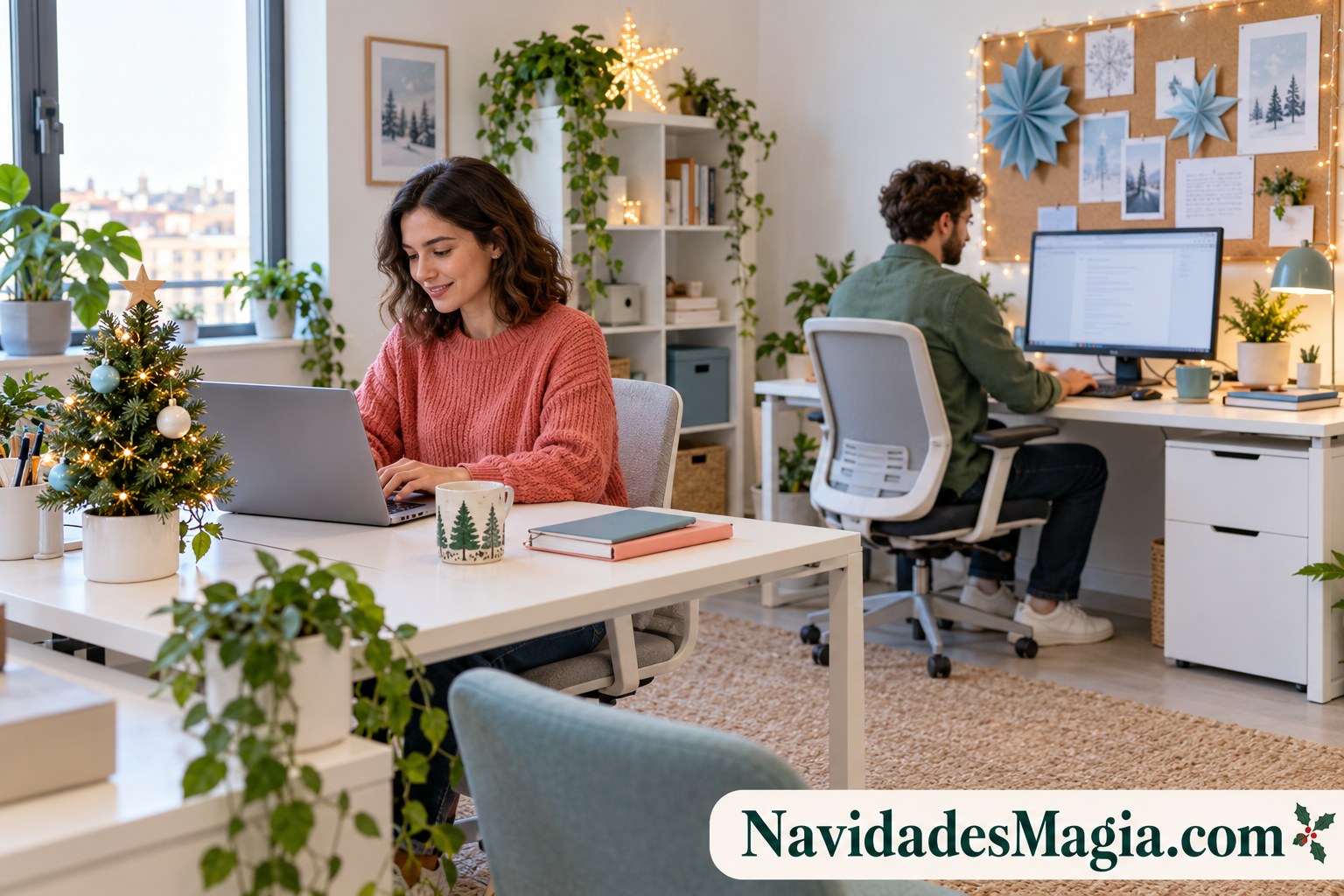 Oficina pequeña y luminosa con un árbol de mesa y adornos ligeros