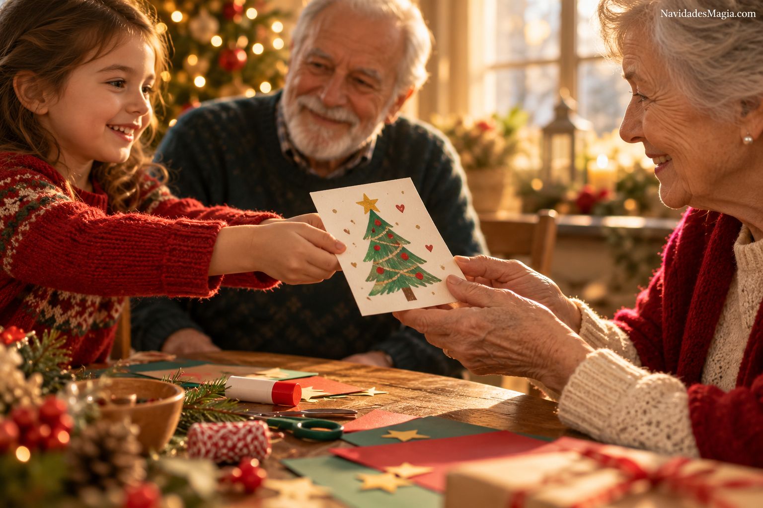 Una niña entregando una tarjeta navideña de papel a su abuela mientras el abuelo sonríe