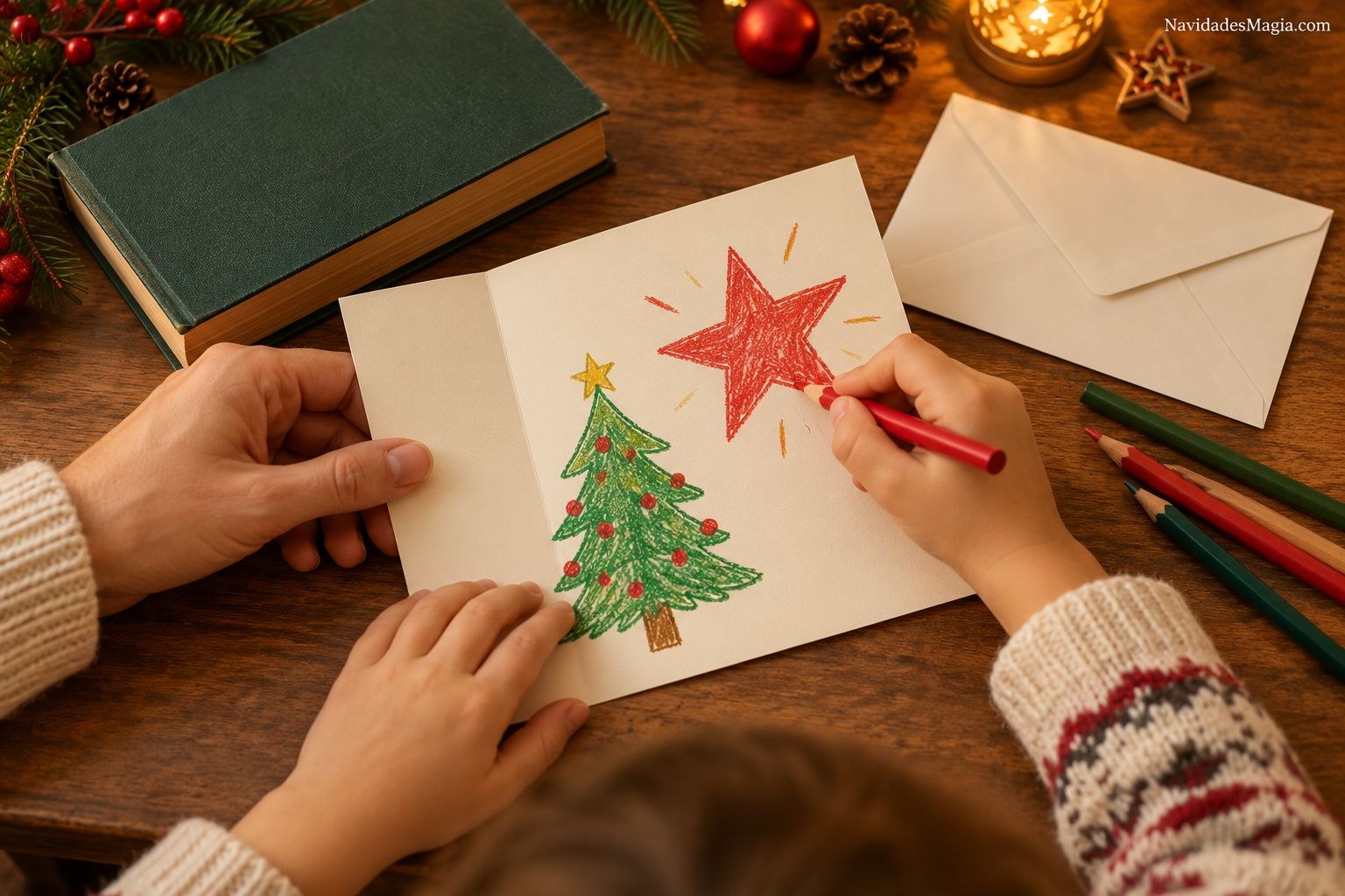 Un niño dibujando una estrella y un árbol en una tarjeta de agradecimiento para su profesor, con ayuda de un adulto