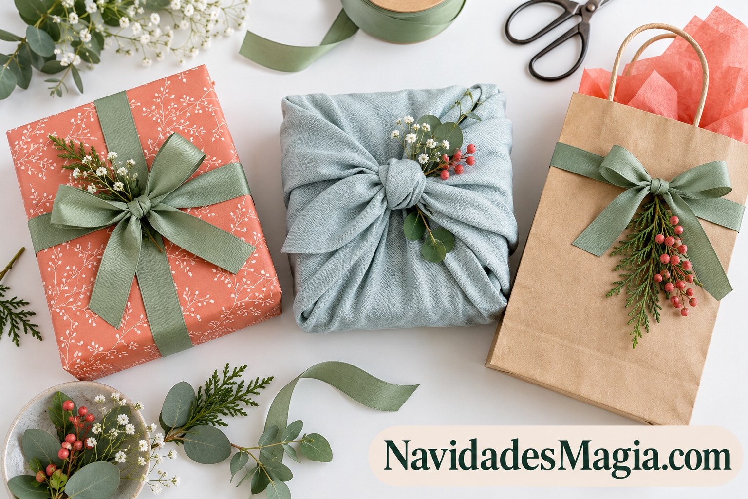 Regalos envueltos con papel, tela y una bolsa de papel sobre una mesa clara