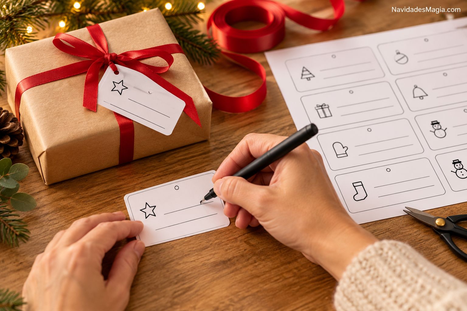 Manos escribiendo una etiqueta navideña de papel junto a un regalo envuelto