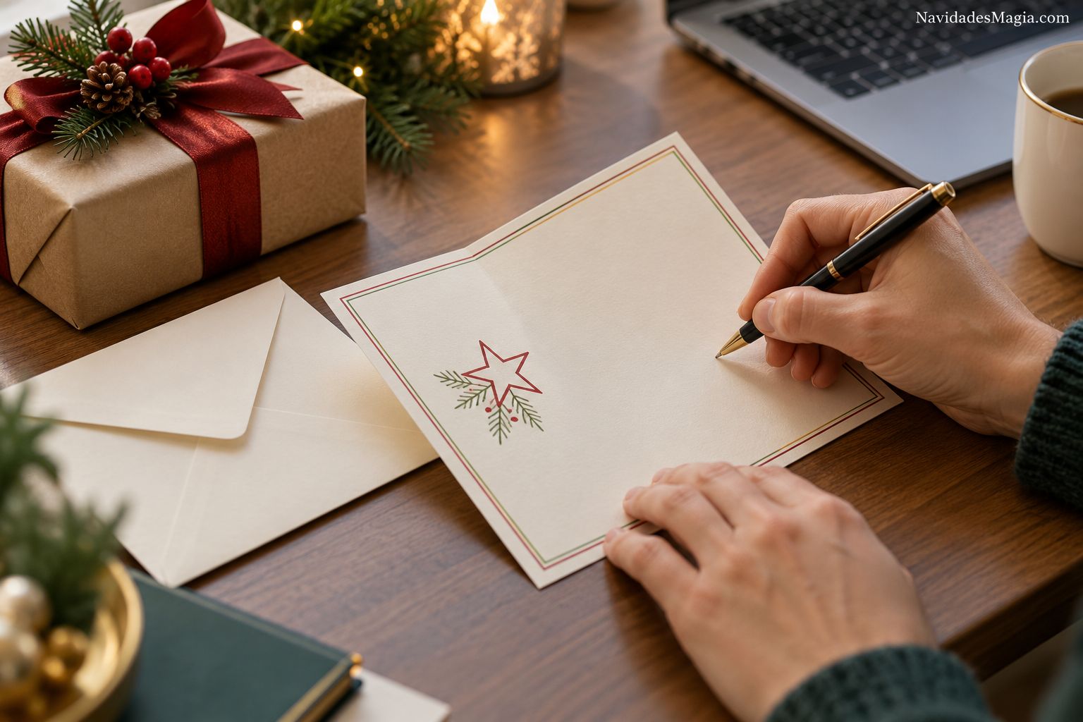 Manos escribiendo una tarjeta navideña profesional junto a un sobre y un pequeño regalo