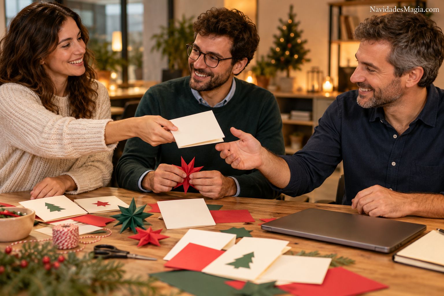 Tres compañeros de trabajo compartiendo tarjetas navideñas y figuras de papel en una mesa