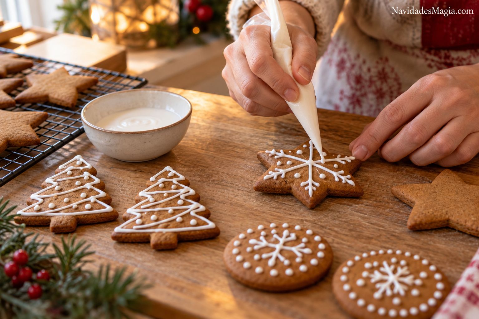 Manos decorando galletas de jengibre horneadas con líneas de glaseado blanco