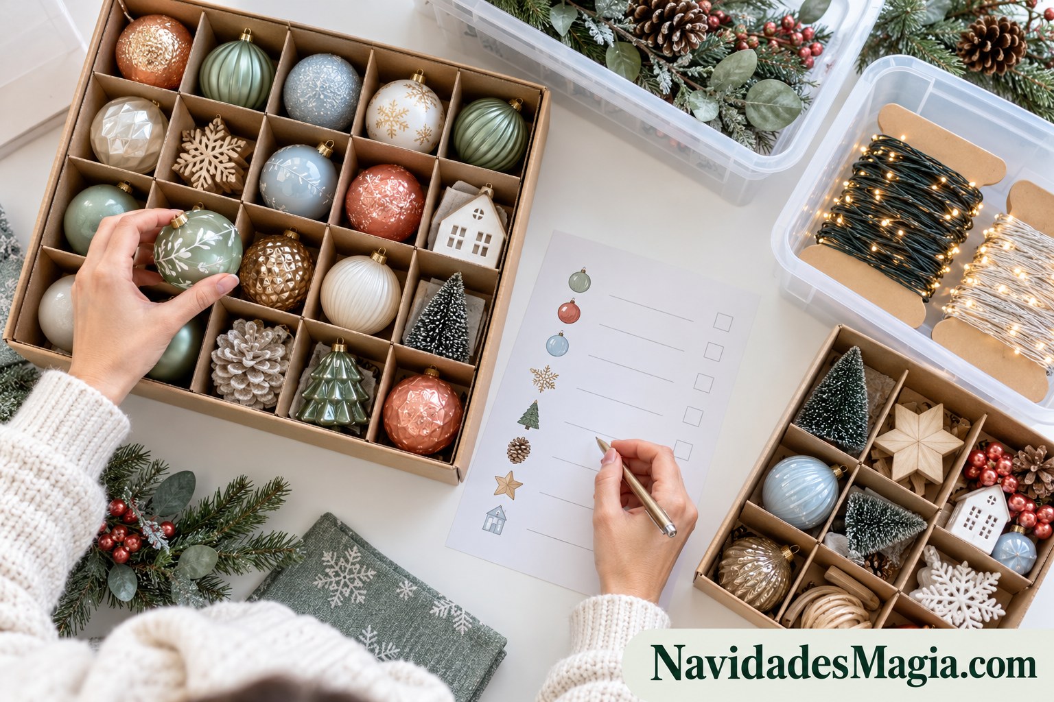 Cajas con separadores para esferas y luces enrolladas sobre soportes de cartón