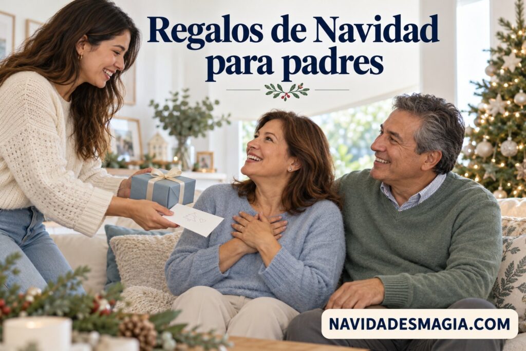 Una hija entrega un regalo de Navidad y una tarjeta a sus padres en casa