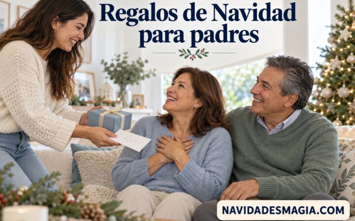 Una hija entrega un regalo de Navidad y una tarjeta a sus padres en casa