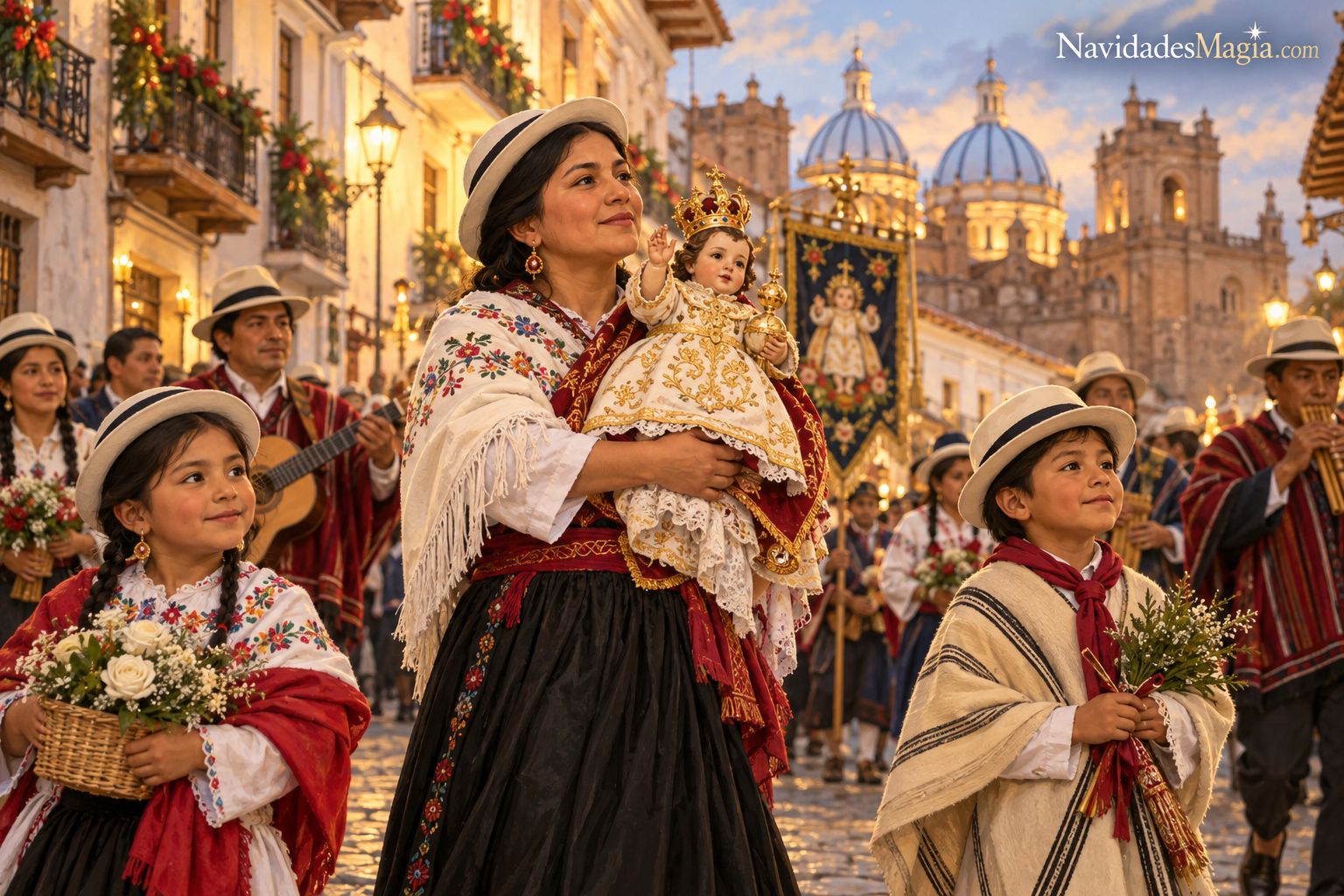 Representación artística de un pase navideño inspirado en Cuenca, con flores, músicos y una figura del Niño Jesús