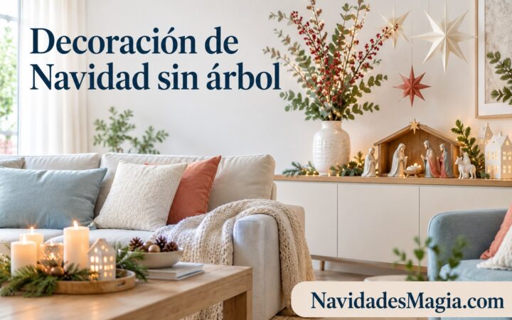 Portada: Salón claro con estrellas de papel y una composición navideña de mesa sin árbol