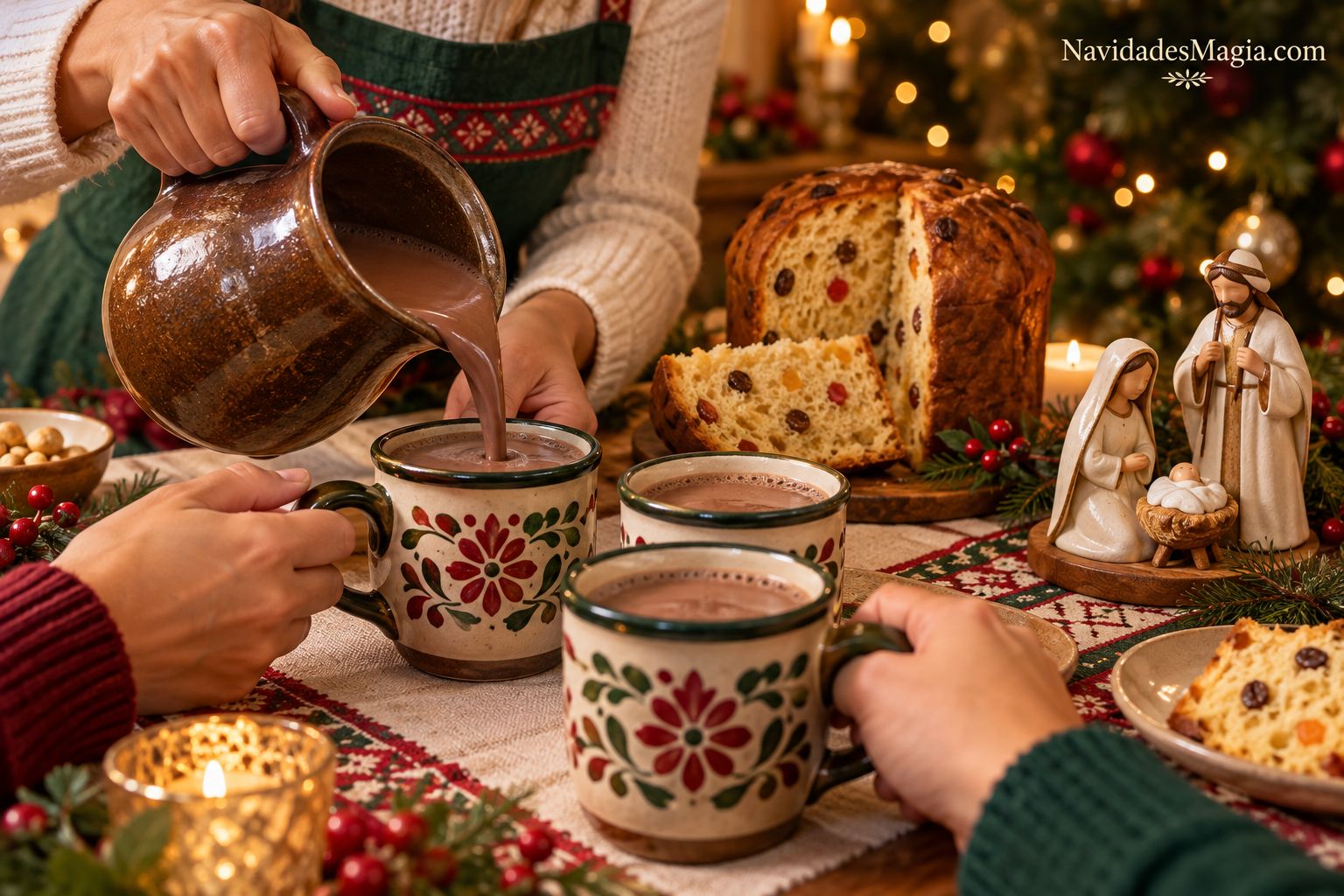 Chocolate servido en tazas junto a panetón y un nacimiento en una mesa navideña