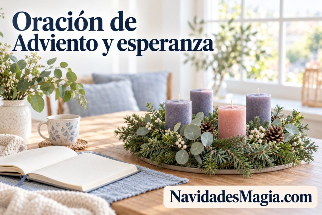 Portada: Un rincón de oración de Adviento con cuatro velas apagadas y un cuaderno