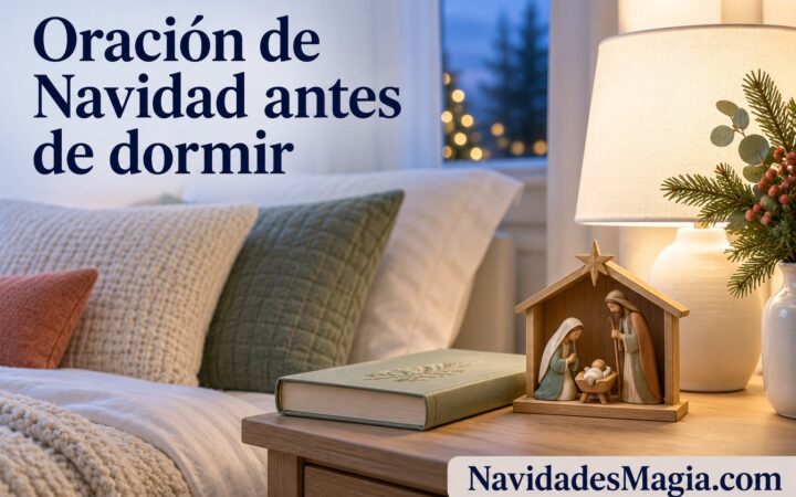 Portada: Mesita junto a la cama con un nacimiento pequeño y luz azul suave de la noche