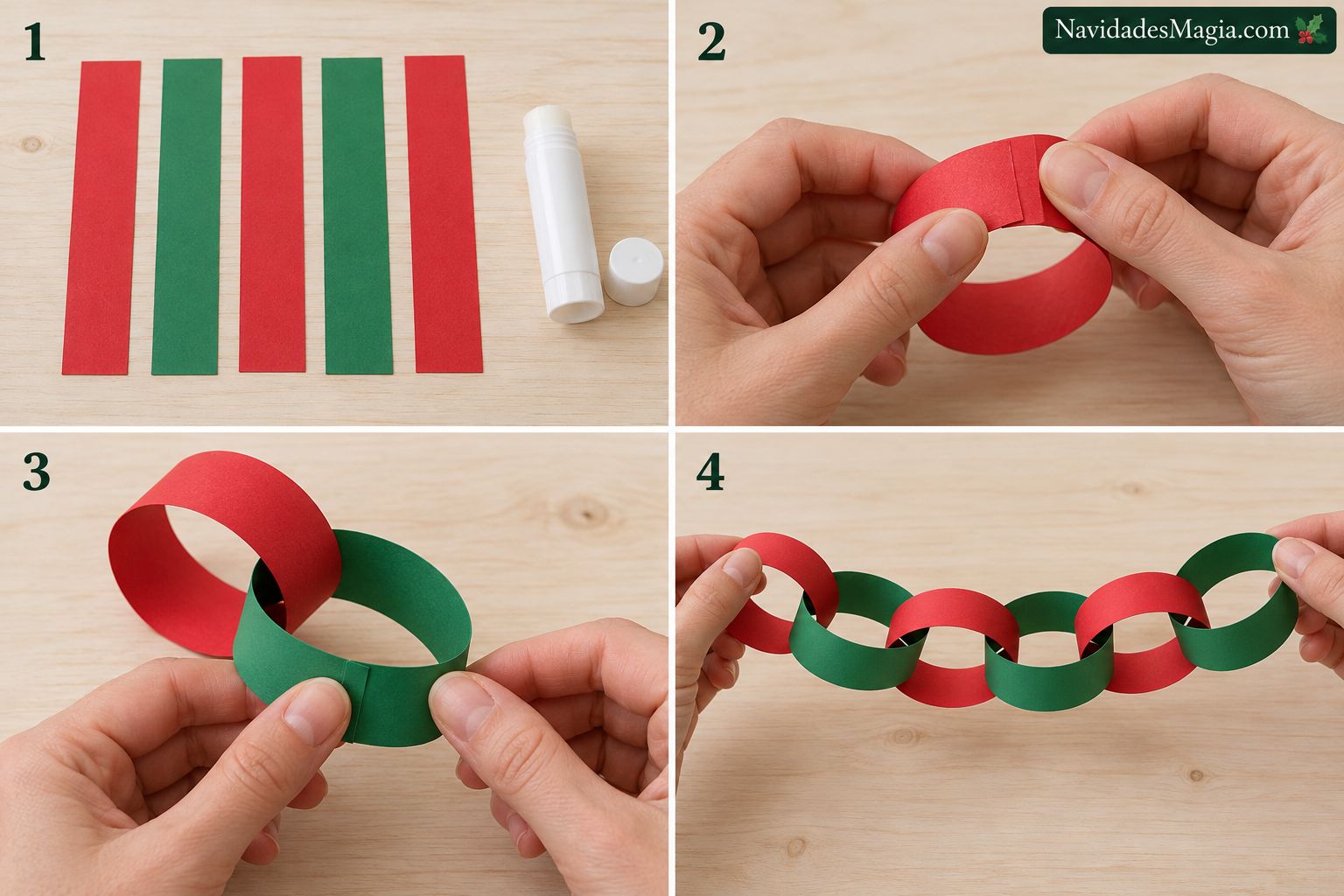 Cuatro pasos para unir tiras rojas y verdes en una cadena de aros de papel
