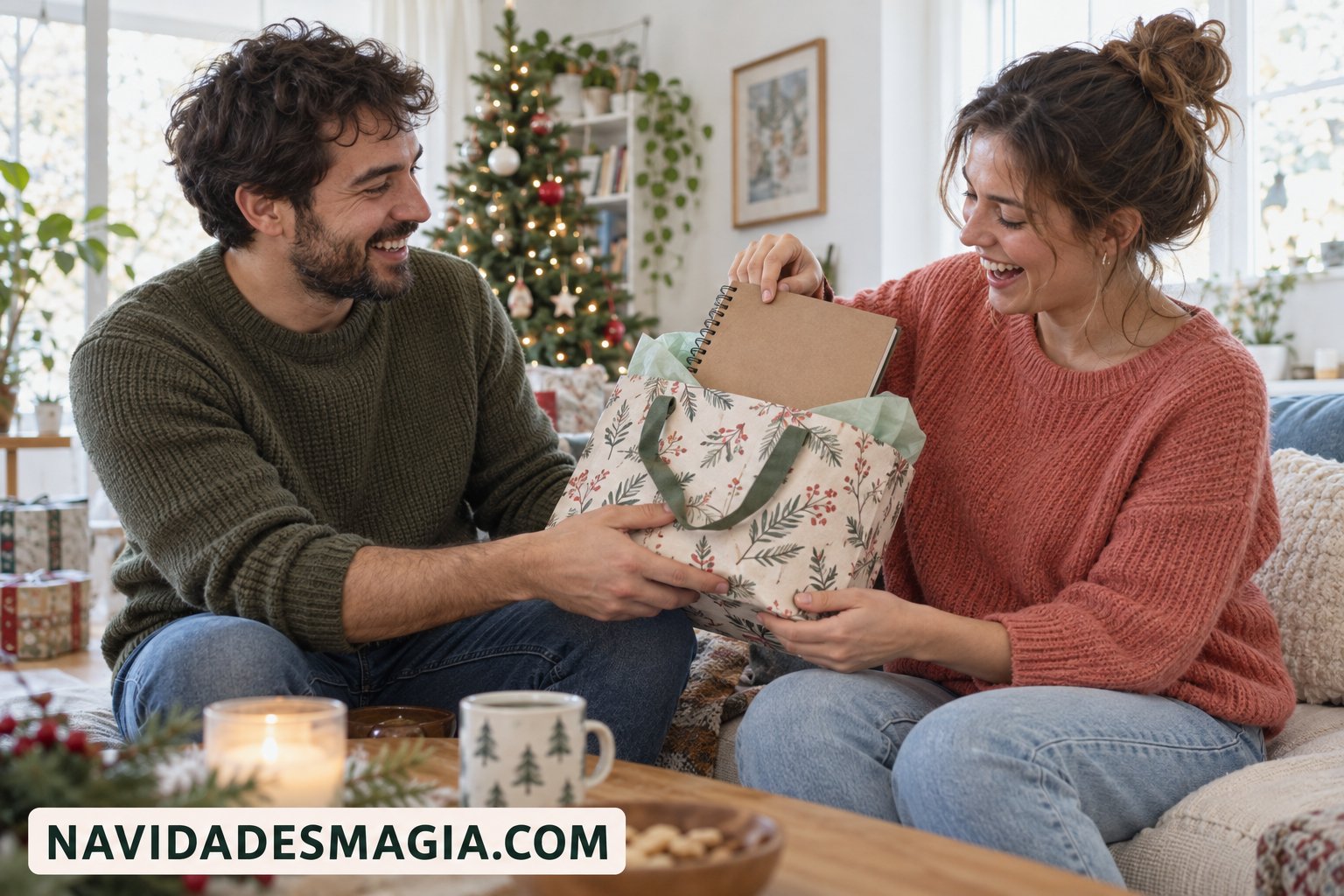 Dos hermanos adultos intercambian un cuaderno de dibujo en un ambiente navideño sencillo