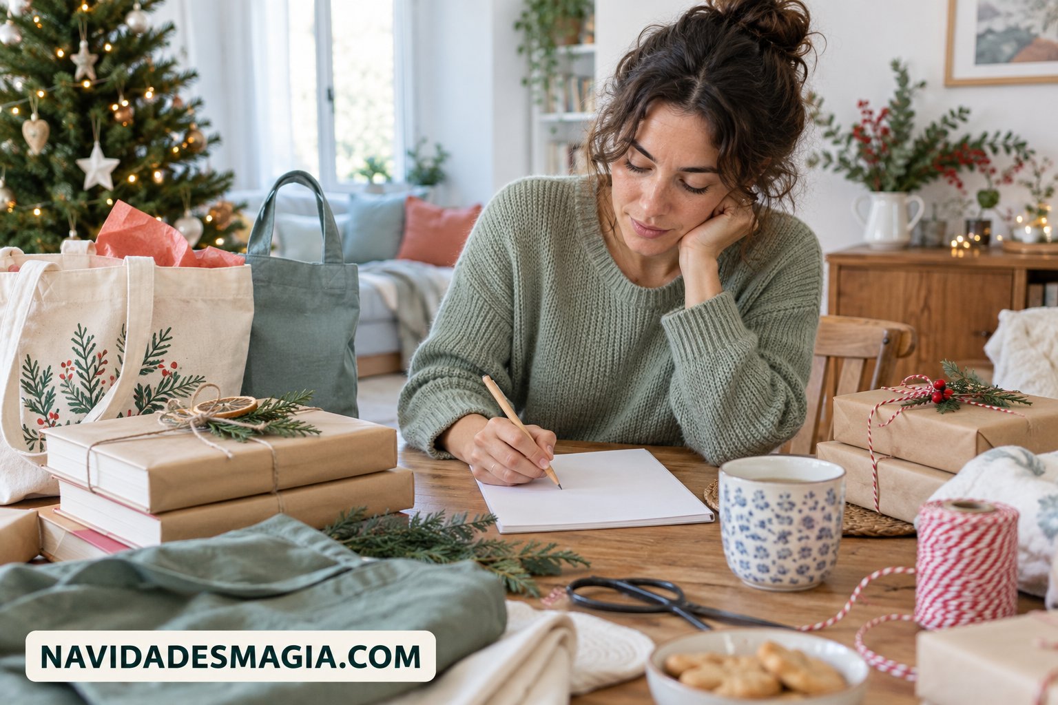 Una persona organiza una lista de regalos y varios paquetes sencillos en casa