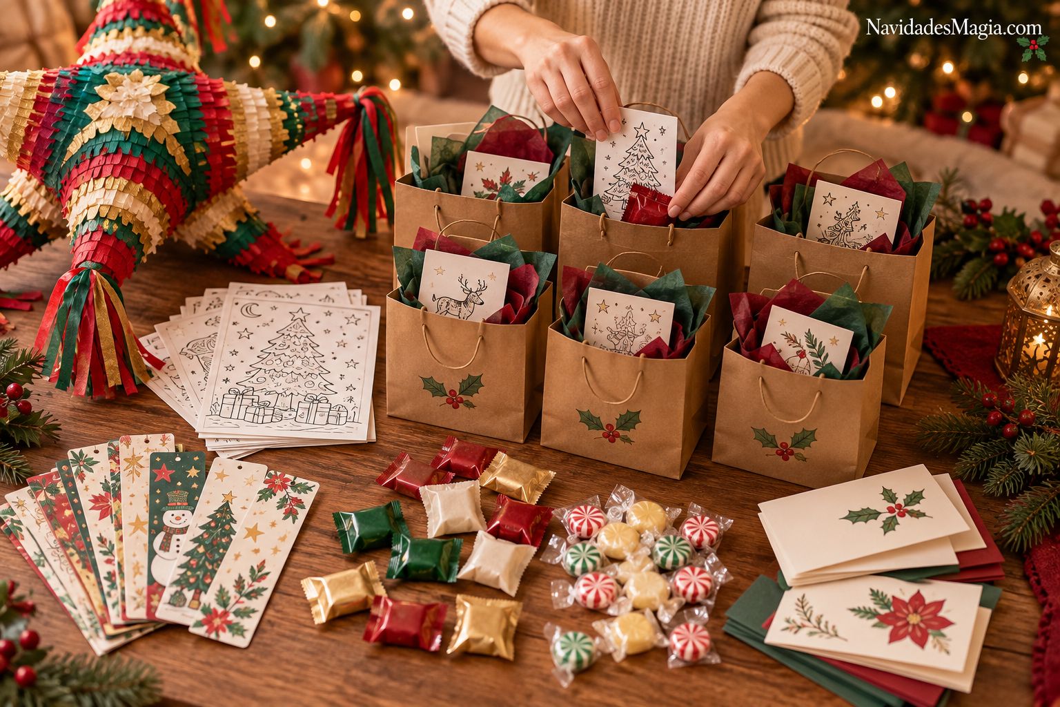 Preparación de bolsas de posada con tarjetas, separadores y detalles junto a una piñata de papel