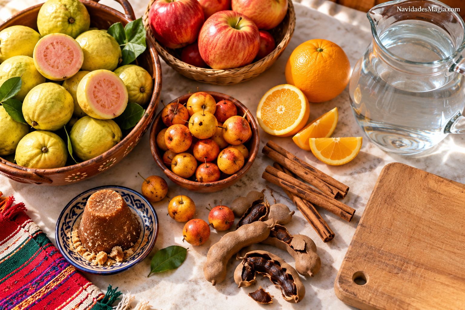 Manzanas, guayabas, tejocotes, naranja, tamarindo, canela y piloncillo para preparar ponche