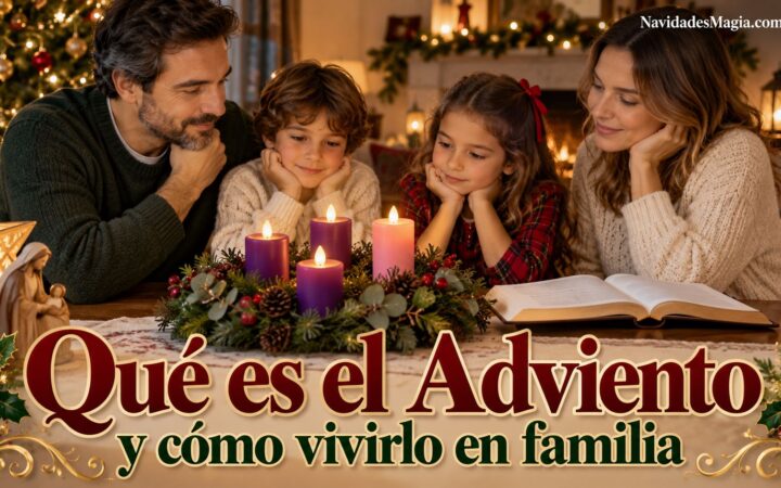Familia reunida junto a una corona de Adviento con cuatro luces y un libro abierto
