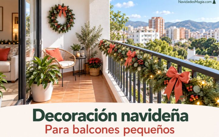 Portada de decoración navideña para balcones pequeños con guirnalda y una pared clara